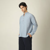 Indrazen Shirt - Relaxed Fit - Mandarin Collar - Diamond Popover Placket - Linen Blend Dusty Blue