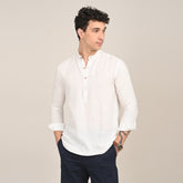 Indrazen Shirt - Relaxed Fit - Mandarin Collar - Diamond Popover Placket - Linen Blend Ecru