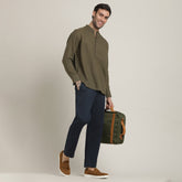 Indrazen Set of 2 – Mandarin Collar Diamond Popover Placket Shirt & Pleated Chinos – Olive Green & Navy Blue