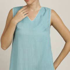 Jackie V-Neck Sleeveless Midi Dress - Blue With Ecru Edging