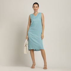 Jackie V-Neck Sleeveless Midi Dress - Blue With Ecru Edging