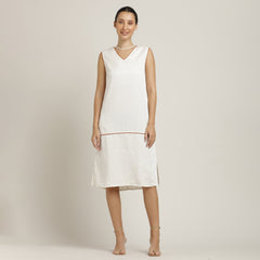 Jackie V-Neck Sleeveless Midi Dress - Ecru With Autumn Rust Edging