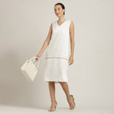 Jackie V-Neck Sleeveless Midi Dress - Ecru With Autumn Rust Edging