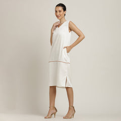 Jackie V-Neck Sleeveless Midi Dress - Ecru With Autumn Rust Edging