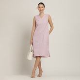 Jackie V-Neck Sleeveless Midi Dress - Pastel Pink With Ecru Edging