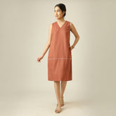 Jackie V-Neck Sleeveless Midi Dress - Terracotta Brown With Ecru Edging
