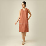 Jackie V-Neck Sleeveless Midi Dress - Terracotta Brown With Ecru Edging