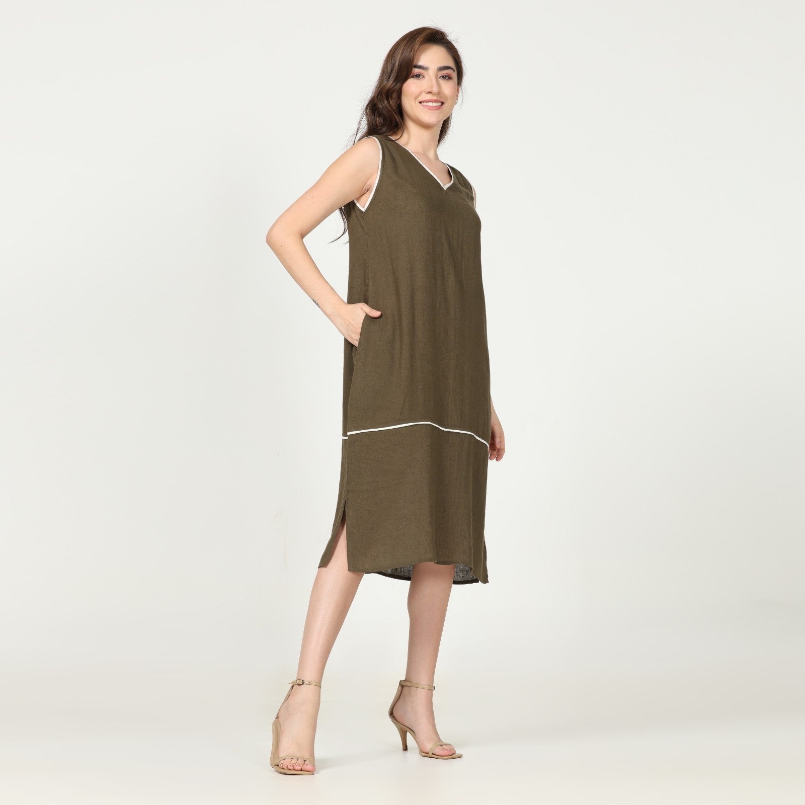 Jackie Dress - Olive Green With Ecru Edging - Limited Edition