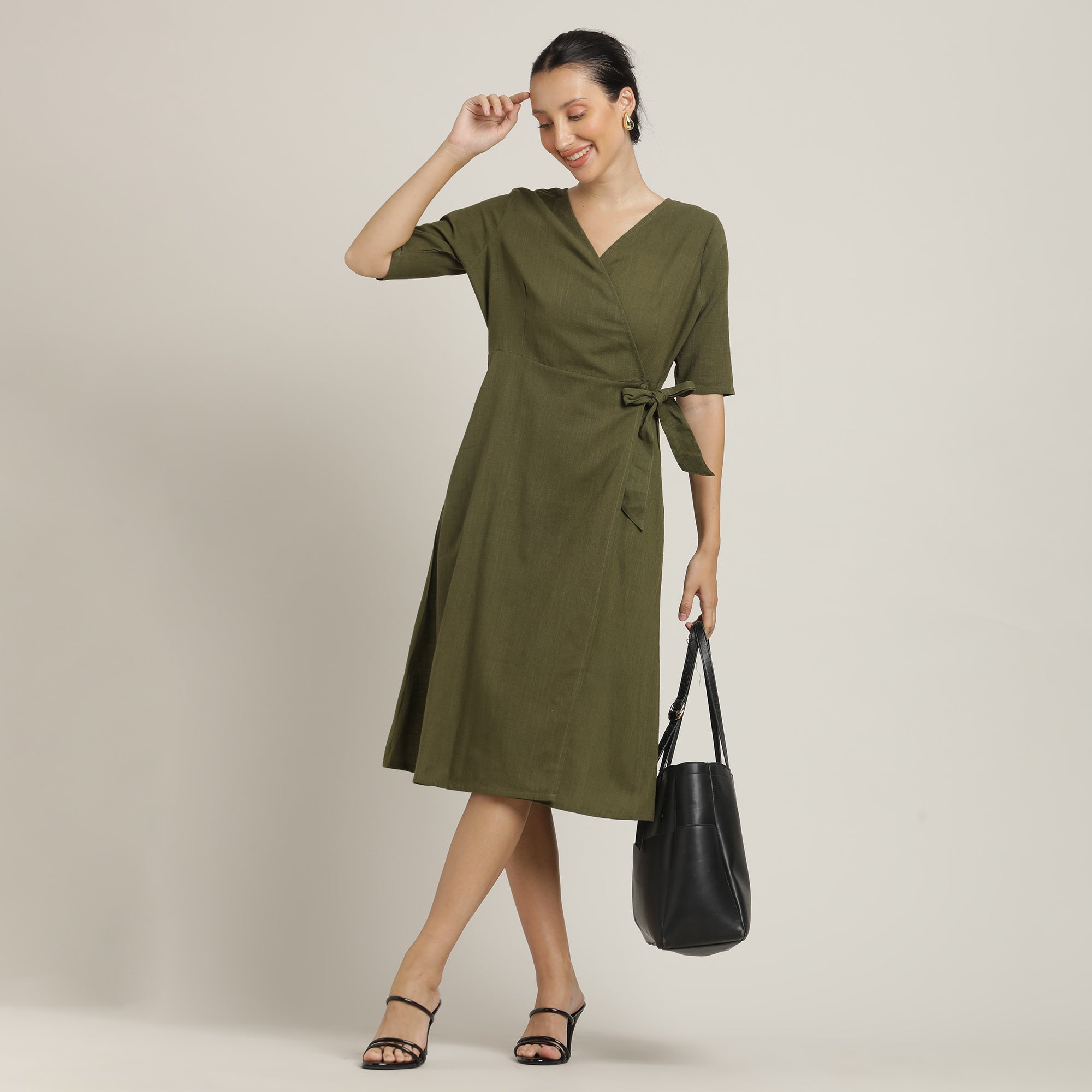 Saltpetre Women's Olive Green Organic Cotton Wrap Dress Saltpetre Women's Olive Green Organic Cotton Wrap Dress