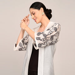 Juniper Overlay With Hand Embroidered Motif - Limited Edition - Pearl White Chanderi Silk