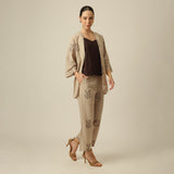 Juniper Set Of 3 - Overlay, Slip Top & Barrel Leg Pants - Greige & Coffee With Embroidery