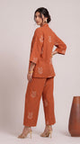 Juniper Set Of 3 - Overlay, Slip Top & Barrel Leg Pants - Orange & Greige With Embroidery