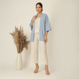 Juniper Set Of 3 - Overlay, Slip Top & Barrel Leg Pants - Dusty Blue & Beige