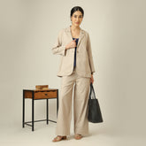 Bruna Linen 3 Piece Set Of Blazer, Inner & Pants - Greige & Navy