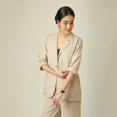 Bruna Linen 3 Piece Set Of Blazer, Inner & Pants - Greige & Navy