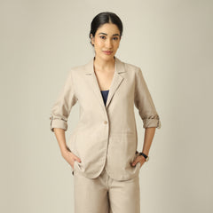 Bruna Linen 3 Piece Set Of Blazer, Inner & Pants - Greige & Navy