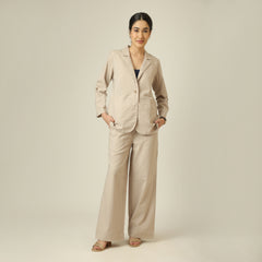 Bruna Linen 3 Piece Set Of Blazer, Inner & Pants - Greige & Navy