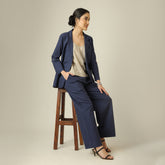 Bruna Linen 3 Piece Set Of Blazer, Inner & Pants - Navy & Greige