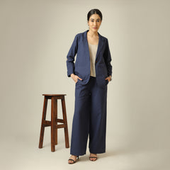 Bruna Linen 3 Piece Set Of Blazer, Inner & Pants - Navy & Greige