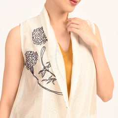 Ava Set of 3 - Long Vest Jacket, Shell Top & Pants With Hand Embroidered Motif - Limited Edition - Pearl White Chanderi Silk