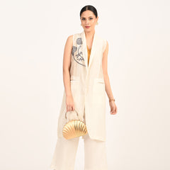 Ava Vest Jacket - With Hand Embroidered Motif - Limited Edition - Pearl White Chanderi Silk