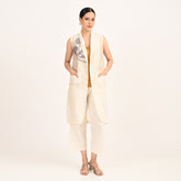 Ava Set of 3 - Long Vest Jacket, Shell Top & Pants With Hand Embroidered Motif - Limited Edition - Pearl White Chanderi Silk