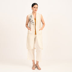 Ava Set of 3 - Long Vest Jacket, Shell Top & Pants With Hand Embroidered Motif - Limited Edition - Pearl White Chanderi Silk