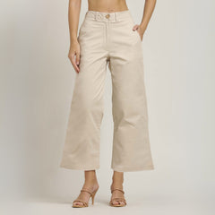 Flora Set Of 2 - Puff Sleeves Top & Wide-Leg Cropped Chinos - Ecru & Beige