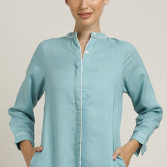Florence Mandarin Collar Long Shirt - Blue With Ecru Edging
