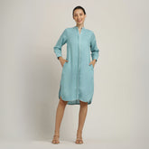 Florence Mandarin Collar Long Shirt - Blue With Ecru Edging