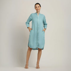 Florence Mandarin Collar Long Shirt - Blue With Ecru Edging