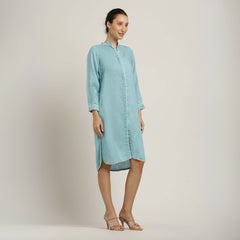Florence Mandarin Collar Long Shirt - Blue With Ecru Edging