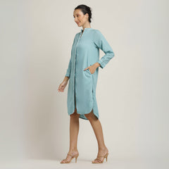 Florence Mandarin Collar Long Shirt - Blue With Ecru Edging