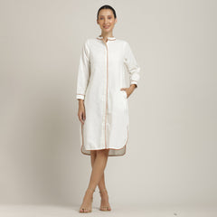 Florence Mandarin Collar Long Shirt - Ecru With Autumn Rust Edging