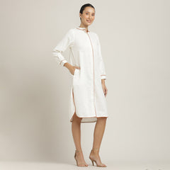 Florence Mandarin Collar Long Shirt - Ecru With Autumn Rust Edging