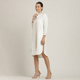 Florence Mandarin Collar Long Shirt - Ecru With Autumn Rust Edging