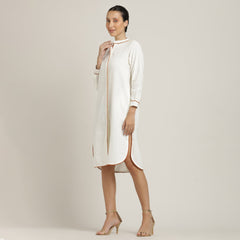 Florence Mandarin Collar Long Shirt - Ecru With Autumn Rust Edging