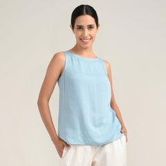 Audrey Set Of 2 - Boat Neck Shell Top & Pants - Blue & Ecru