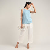 Audrey Set Of 2 - Boat Neck Shell Top & Pants - Blue & Ecru