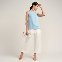 Audrey Set Of 2 - Boat Neck Shell Top & Pants - Blue & Ecru