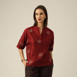 Women Maroon Chanderi Silk Kimono Top with Hand-Embroidered Lotus Motif
