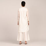 Sofia Set Of 2 - Pleated Tunic & Long-Leg Pants With Hand Embroidered Motif - Limited Edition - Pearl White Chanderi Silk
