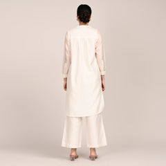 Sofia Set Of 2 - Pleated Tunic & Long-Leg Pants With Hand Embroidered Motif - Limited Edition - Pearl White Chanderi Silk
