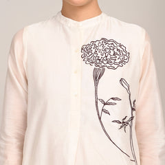 Pleated Tunic - With Hand Embroidered Motif - Limited Edition - Pearl White Chanderi Silk