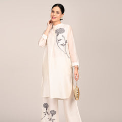 Pleated Tunic - With Hand Embroidered Motif - Limited Edition - Pearl White Chanderi Silk