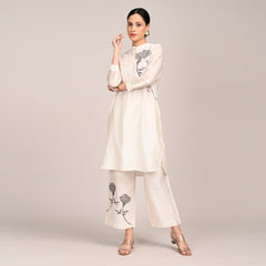 Sofia Set Of 2 - Pleated Tunic & Long-Leg Pants With Hand Embroidered Motif - Limited Edition - Pearl White Chanderi Silk