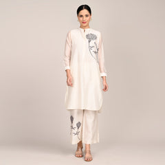 Sofia Set Of 2 - Pleated Tunic & Long-Leg Pants With Hand Embroidered Motif - Limited Edition - Pearl White Chanderi Silk