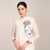 Pleated Tunic - With Hand Embroidered Motif - Limited Edition - Pearl White Chanderi Silk
