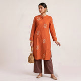 Sofia Set Of 2 - Pleated Tunic & Long-Leg Pants - Orange & Coffee With Embroidery