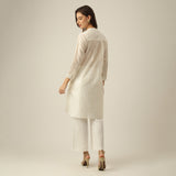 Women Pearl White Chanderi Silk Pleated Tunic | Hand-Embroidered Lotus Motif
